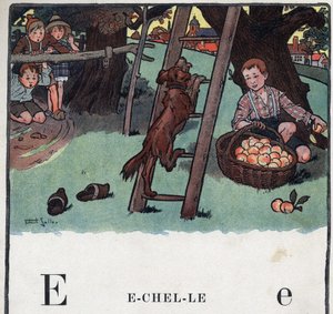 Libro infantil “Yo leeré - Alfabeto metódico y divertido por un papá” 1926. Ilustración de Robert Salles (1871-1929). Abecedario: letra E como Escalera. Un perro sube por la escalera apoyada contra un manzano. de Robert Salles