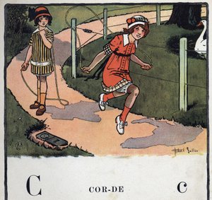 Libro infantil “Yo leeré - Alfabeto metódico y divertido por un papá” 1926. Ilustración de Robert Salles (1871-1929). Abecedario: letra C como Cuerda. Dos niñas juegan a saltar la cuerda. de Robert Salles