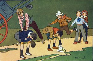 Saltar ovejas. Grabado en "¿A qué jugamos?" por E. Weber con dibujos en acuarela de Robert Salles (1871-1929). Librairie Garnier Freres, París