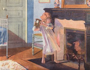 Niña sosteniendo un reloj junto a una chimenea (litografía en color) de Robert Salles