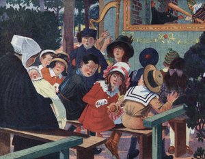 Espectáculo de marionetas: Niños en el teatro de guignol son molestados por un bebé llorando. Ilustración de Robert Salles (1871-1929) en “Yo sé Leer”.