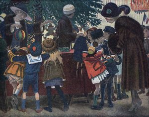 El árbol de Navidad de los loreneses alsacianos: niños de Alsacia y Lorena (Alsacia-Lorena) vienen a recoger sus regalos alrededor del árbol de Navidad ofrecido a la ciudad. Ilustración de Robert Salles (1871-1929) en “Yo sé Leer”.