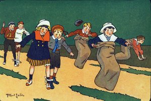 La carrera de sacos. Grabado en "¿A qué jugamos?" de E. Weber con dibujos acuarelados de Robert Salles (1871-1929). Librería Garnier Freres, París
