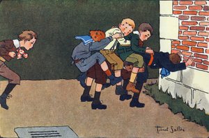 El caballo derretido (cuando saltas, debes saltar un califurchón sobre la espalda de otro niño, sin golpear a los demás). Grabado en "¿A qué jugamos?" de E. Weber con dibujos acuarelados de Robert Salles (1871-1929). Librería Garnier Freres, París.
