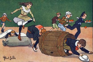 La carrera de obstáculos. Grabado en "¿A qué jugamos?" de E. Weber con dibujos acuarelados de Robert Salles (1871-1929). Librería Garnier Freres, París.