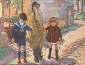 Dos niños ayudan a un anciano ciego que ha perdido su bastón (litografía en color) de Robert Salles