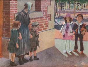 Dos niños ricos se encuentran con una madre pobre y sus hijos mendigando en la calle (litografía en color)