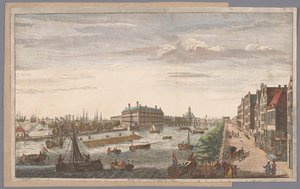 Gezicht op het Admiraliteitsmagazijn te Amsterdam Una vista del Almirantazgo en Ámsterdam, de los almacenes, muelles y dársenas que le pertenecen y a la Compañía de las Indias Orientales de Holanda (título sobre el objeto) de Robert Sayer (possibly)