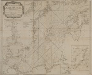 Una carta nueva y exacta del Mar Báltico o del Mar del Este que muestra las islas, rocas y bajíos con sus marcas, faros, sondas y canales de navegación.