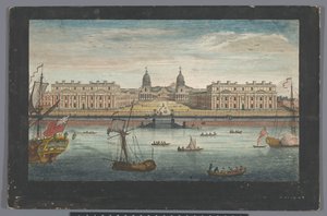 Vista del Hospital de Greenwich sobre el río Támesis en Greenwich Una perspectiva del Hospital de Greenwich desde el río (título sobre objeto) Londres (título de la serie) de Robert Sayer