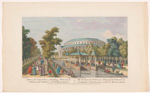 Vista de la Rotonda y el Pabellón Chino en el Canal en Ranelagh Gardens en Londres con un baile de máscaras Una vista del canal, edificio chino, Rotundo, &c. en Ranelagh Gardens, con la mascarada (título sobre objeto) Jardines de Ranelagh y Vauxhall G