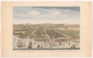 Gezicht en la ciudad de Batavia La ciudad de Batavia en la isla de Java y capital de todas las fábricas y asentamientos holandeses en las Indias Orientales (título sobre el objeto) Nederzettingen van de VOC (título de la serie) de Robert Sayer