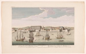 Vista de la ciudad de Bombay Bombay en la costa de Malabar perteneciente a la Compañía de las Indias Orientales de Inglaterra (título sobre el objeto) Asentamientos de la VOC (título de la serie) de Robert Sayer