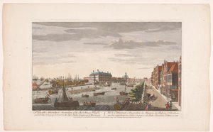 Gezicht op het Admiraliteitsmagazijn te Amsterdam Una vista del Almirantazgo en Ámsterdam, de los almacenes, muelles y dársenas que le pertenecen y a la Compañía de las Indias Orientales de Holanda (título sobre el objeto) Holanda (título de la serie) de Robert Sayer