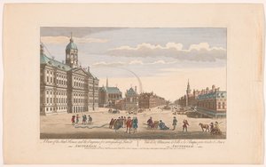 Vista del Ayuntamiento de Ámsterdam con los bomberos en la Plaza Dam Una vista de Stad House y los motores para extinguir incendios en Amsterdam (título sobre objeto) Holanda (título de la serie)