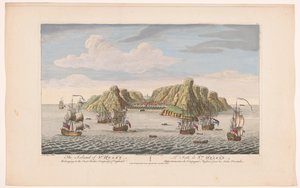 Vista de la isla de Santa Elena La isla de Santa Elena. Perteneciente a la Compañía de las Indias Orientales de Inglaterra (título sobre el objeto) Asentamientos de la VOC (título de la serie)