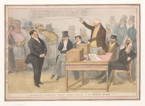 Spotprent sobre el Museo Británico Un examen parlamentario sobre ciertas curiosidades en el Museo Británico (título sobre el objeto) Hoja mensual de caricaturas No. 41. (título sobre objeto) de Robert Seymour (possibly)