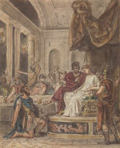 Escena de banquete, con un soldeir romano arrodillado ante una figura famale sentada en un trono