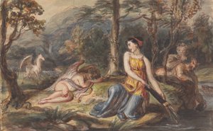 Diana, diosa de la caza, con sátiros, Cupido dormido y un Pegaso en un paisaje boscoso de Robert Smirke