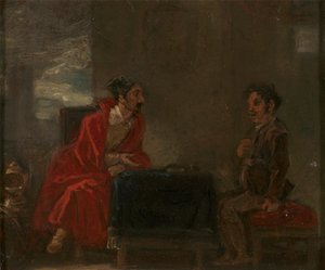 Ilustración para Don Quijote, Dos figuras en una mesa de Robert Smirke