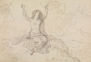 Estudio de una mujer semidesnuda, sentada, con los brazos levantados sobre la cabeza