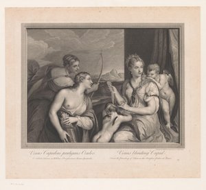 Venus hace een blinddoek om bij Cupido Venus eligiendo los ojos de Cupido. Venus cegando a Cupido (título sobre el objeto)