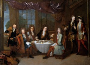 Desayuno de jamón. Hombres de la nobleza compartiendo una cena de embutidos