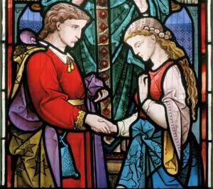 Westbury, All Saints, Heaton, Butler & Bayne, Bayne, El Sacramento del Matrimonio, 1864, autorretrato de Robert Turnill Bayne