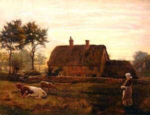 Ganado pastando junto a una cabaña con techo de paja al atardecer de Robert Walker Macbeth