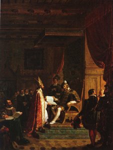 Mikael Agricola presenta el NT finlandés al rey Gustavo Vasa