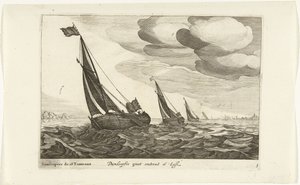Damloopers Damloopers groot sobre 16 Last / Damloopers de 16 Tonneaux (título sobre objeto) Hollandse scheepstypen, 1627 (título de la serie) Varios barcos Don ton se sert dans les Unies Provincias / Iconos de varios barcos holandeses cuyo uso es principal