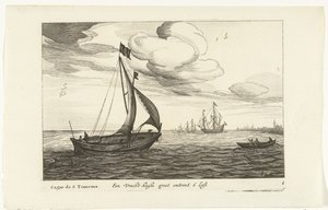 Vrachtkagen Een Vracht-kaghe groot about 6 Last / Cague de 6 Tonneaux (título sobre el objeto) Hollandse scheepstypen, 1627 (título de la serie) Varios barcos Don ton se sert dans les Unies Provincias / Iconos de varios barcos holandeses cuyo uso es princi