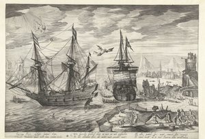 Puerto con barcos, en el cielo la caída de Ícaro de Robert de Baudous