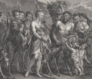 Diana regresando de la caza, acompañada por perros y sus ninfas a la izquierda, dos sátiros de Robert de Launay