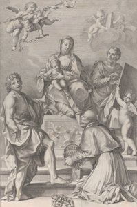 Madonna y Niño en el centro con San Juan Bautista, San Lucas, Papa Pedro Celestino, 1694 de Robert van Audenaerde
