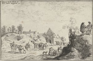 Muchas figuras en un camino cerca de un pueblo de Robert van den Hoecke
