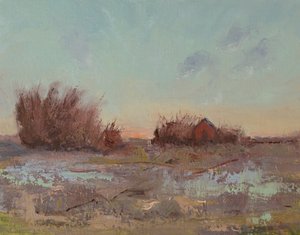 Granaries By The Slough, 2023 (óleo sobre panel de lino) de Roberta Murray
