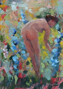 She Loved Her Delphiniums, 2023 (óleo sobre papel) de Roberta Murray