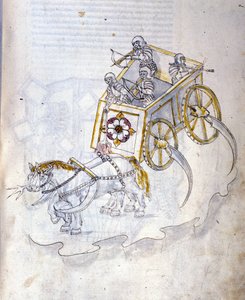 Arte de la guerra: estudio sobre las máquinas militares. Carro de combate equipado con guadañas, ilustración tomada de 