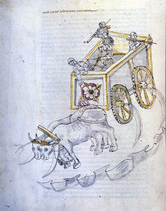 Arte de la guerra: estudio sobre las máquinas militares. carro de asalto equipado con hoces, ilustración de 
