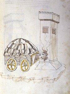 Arte de la guerra: estudio sobre las máquinas militares. una máquina equipada con una coraza asaltando una torre, ilustración de 