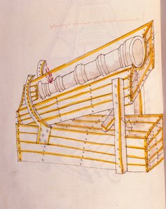 Arte de la guerra: estudio sobre maquinaria militar. Canon posa en su reloj, con un sistema para levantarlo, ilustración de 