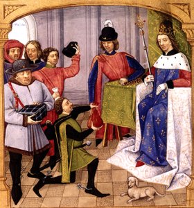 El rey francés Felipe V (1293-1322) recibiendo impuestos, iluminación de Robinet Testard de "Grandes chroniques de France" 1471 de Robinet Testard