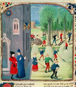 Ms. Lat 1173 Haciendo heno y cortando madera, de las Horas de Carlos de Angulema, c.1480