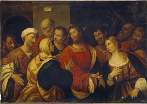 Cristo en la Casa de Marta y María. (Cristo en casa de Marta y María). Las hermanas Marthe y Marie de Bethanie dan la bienvenida a Jesús y a sus discípulos. Pintura de Rocco Marconi (hacia 1490-1529), óleo sobre lienzo. Arte italiano (Venecia)