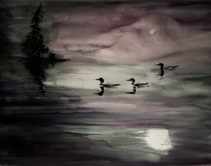 Somorgujos en un lago a la luz de la luna de RodMacIver