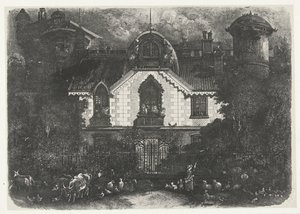 Casa con torre detrás de una valla y pastora con ganado
La maison enchantée de Rodolphe Bresdin