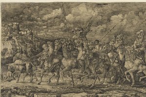 El rey huno con sus mujeres rodeado de sirvientes y ganado, cabalgando por un paisaje de Rodolphe Bresdin