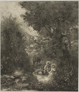Descanso en la Huida a Egipto con Burro Ensillado de Rodolphe Bresdin