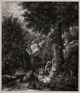 Descanso en la huida a Egipto con un burro ensillado de Rodolphe Bresdin